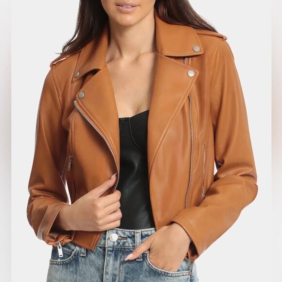 NWT * AVEC LES FILLES Vegan Leather Moto Biker Jacket in Camel - Size M - $174. - Picture 1 of 14